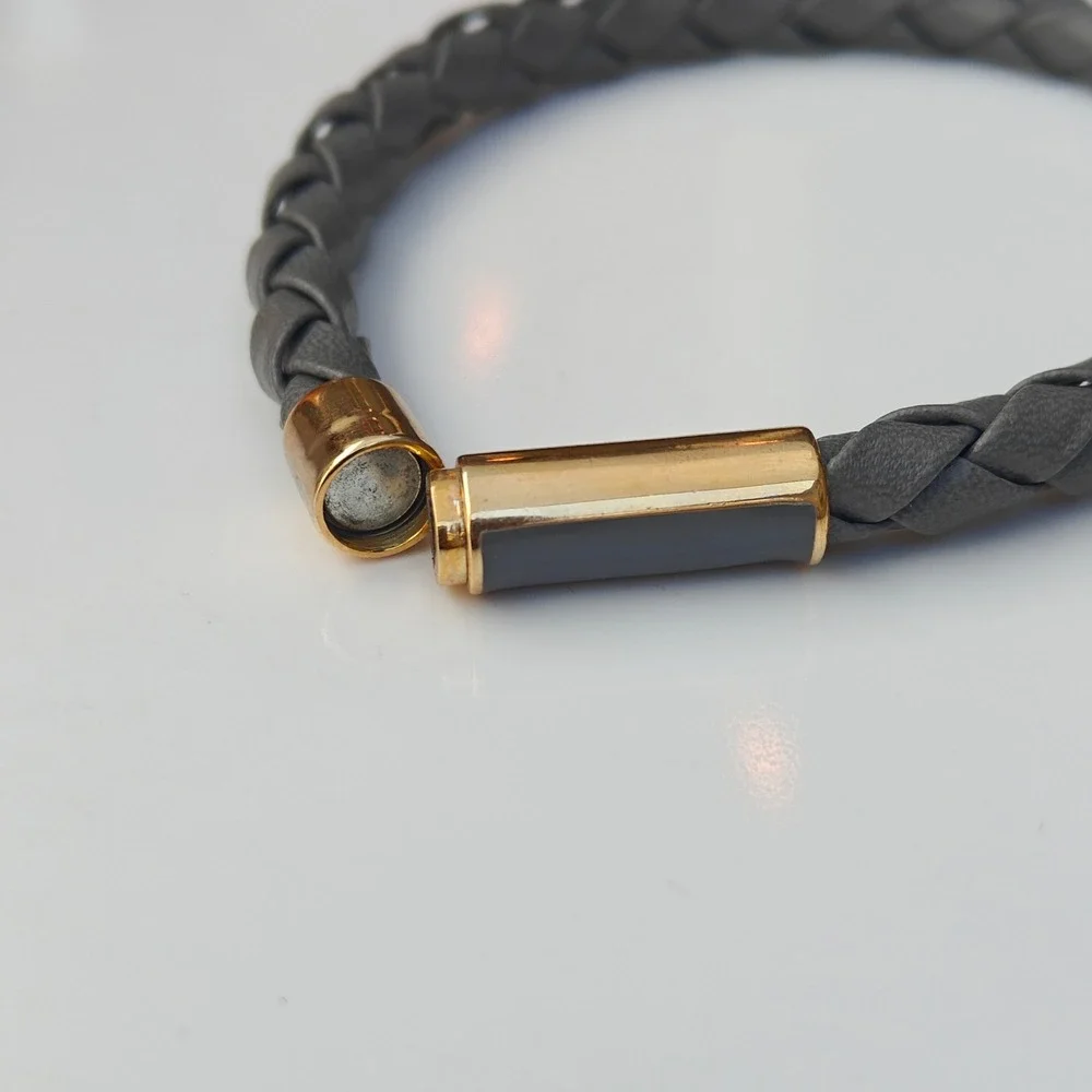Gray Braided Faux Leather Cord Magnetic Bracelet‎ Gold Tone Enamel Clasp Woven